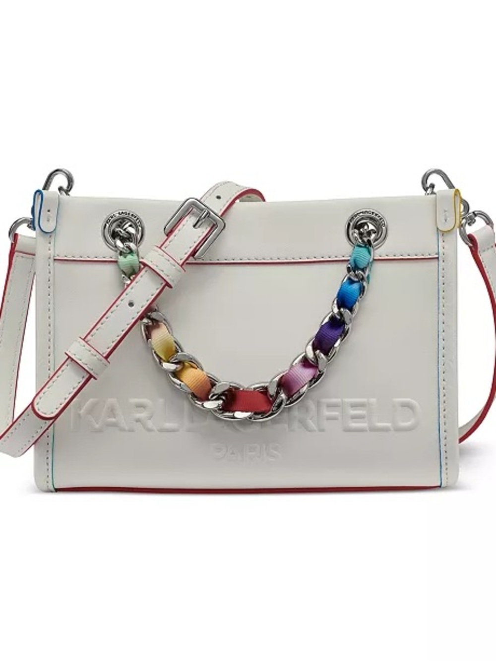 KARL LAGERFELD Savoie SATCHEL White Leather Chain Crossbody BAG Purse NWT $198 🌈 - Picture 2 of 15